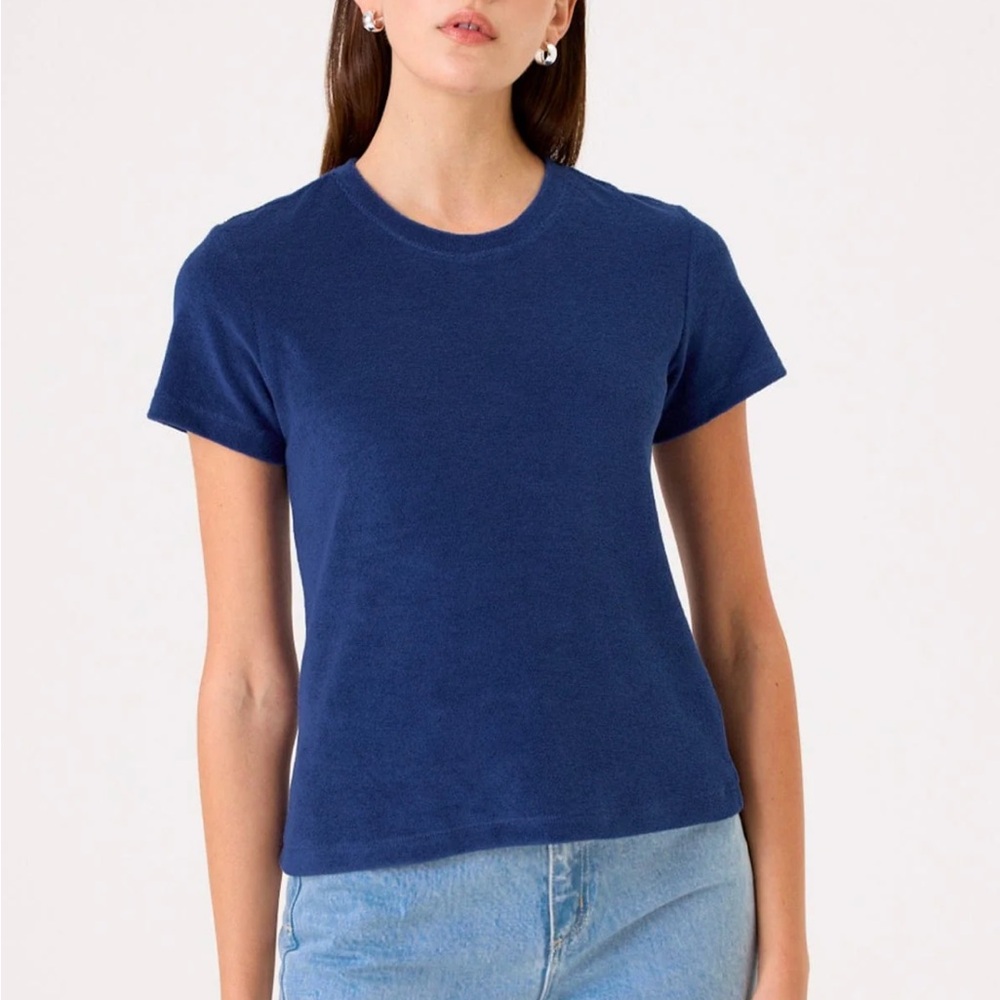 Goldie Estate Blue Cropped Length Crew Neck Organic Pima Cotton Tee Shirt S